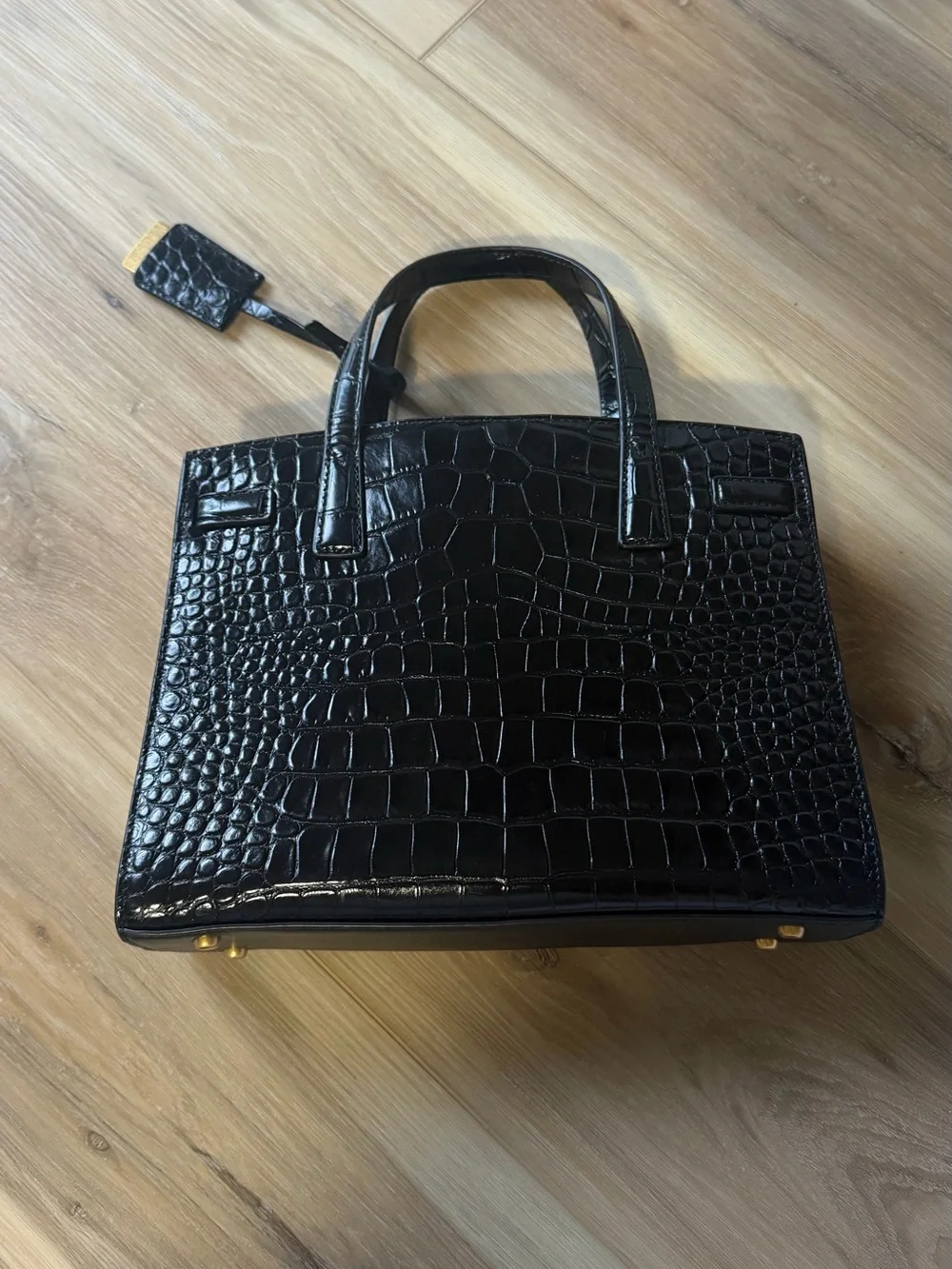 Tory Burch Black Croc-Embossed Satchel with Gold Hardware